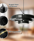 Black Swag Pendant Light Plug in, Mid Century Modern Pendant Lamp with Layered Metal Shade close-up of bright metal shade and E26 lamp socket.