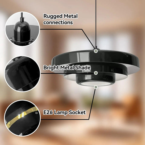 Black Swag Pendant Light Plug in, Mid Century Modern Pendant Lamp with Layered Metal Shade close-up of bright metal shade and E26 lamp socket.