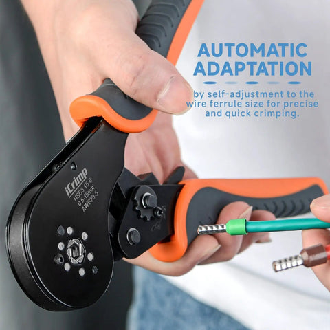 Hexagonal Ratchet Crimp Tool For End Sleeves And Ferrules 0.5-16mm2 AWG 20-5 in use on wire with orange grips