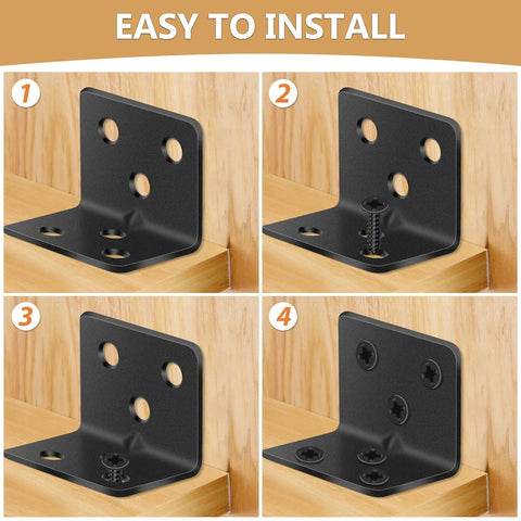 Heavy Duty L Brackets For Shelves 107 Piece Value Set installation guide on wood, showing easy screw fastening process