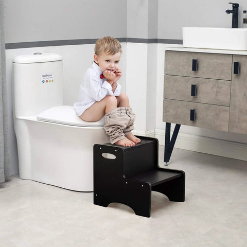 Knockout Grip Two Tier Kids Step Stool, Bathroom Sink Booster With Snug Handrails And Non Slip Base Pads For Potty Learning Or Kitchen Counter Reach, Straight Up Durable Build Crafted From Dense Birch Wood In Matte Black