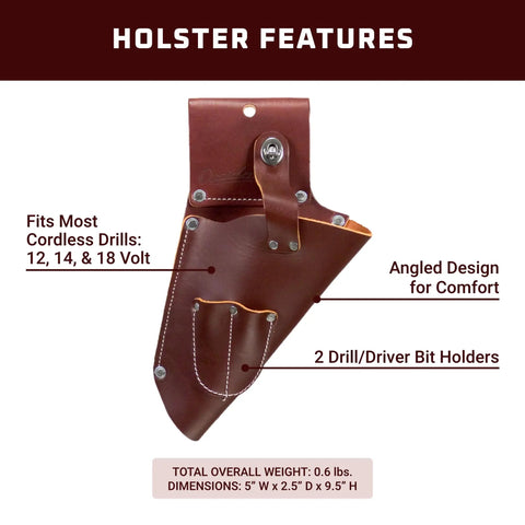 Right Hand Cordless Drill Holster With Two Built-In Bit Holders, ergonomic leather, angled for comfort, fits most drills, USA made.