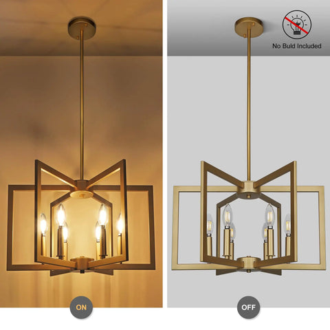 Slick Six Bulb Gold Chandelier That Gonna Level Up Your Space, Modern Farmhouse Ceiling Light showing on and off states.