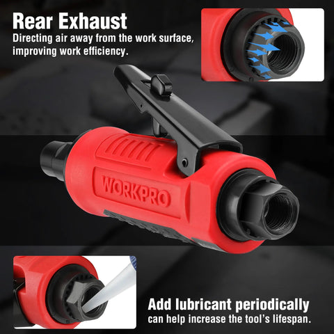 WORKPRO 1/4-inch pneumatic straight die grinder, red body with black trigger, includes 1/4" & 1/8" collets.