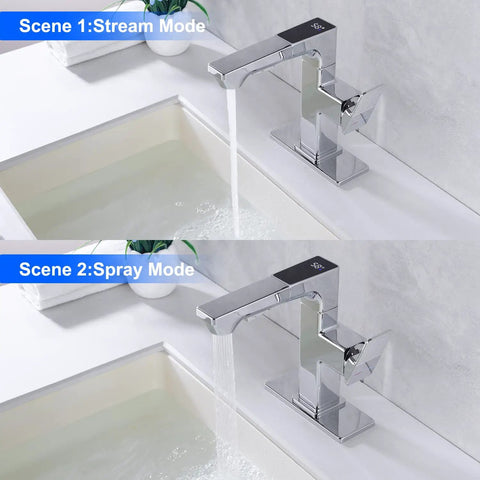 LED Temperature Display Bathroom Faucet With Pull Out Sprayer Chrome Single Handle RV Vanity Faucet For 1 Or 3 Hole Sinks