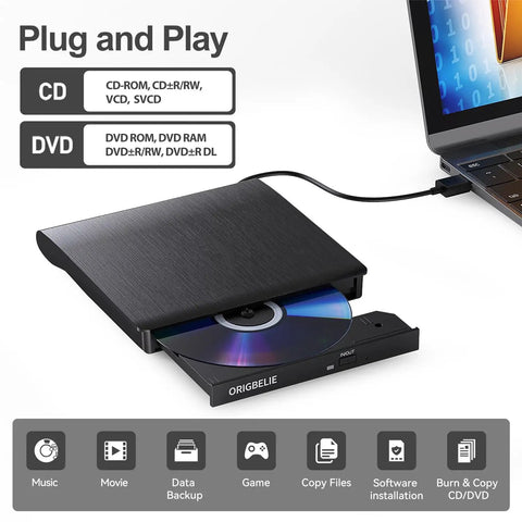 Dope External CD DVD Drive for Laptop USB 3.0 CD ROM DVD RW Burner Plug and Play No Driver Needed Portable Optical Drive for Mac and Windows with USB C and USB A Cable, black