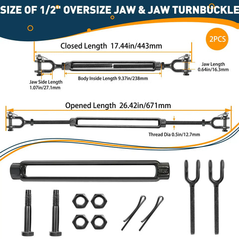Heavy Duty Turnbuckle With Large Jaw For Cables And Wire Rope Half Inch 2205 Lbs Working Load Black Tensioner parts