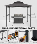 8 By 5 Foot Outdoor Grill Gazebo With Double Tier Canopy And LED Light, BBQ Party Shelter For Backyard Cookin, Rustproof Steel Frame, Patio Shade, Gray with built-in functional parts for grilling accessories and storage.