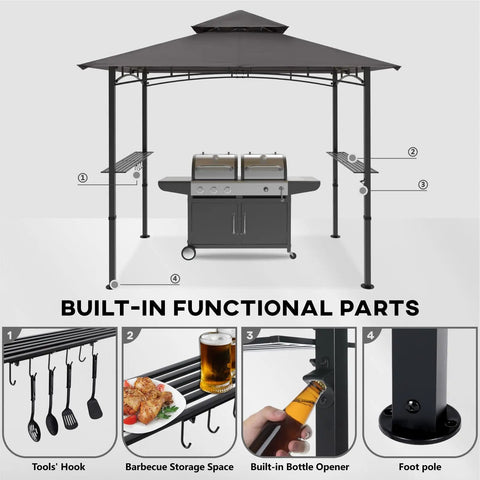 8 By 5 Foot Outdoor Grill Gazebo With Double Tier Canopy And LED Light, BBQ Party Shelter For Backyard Cookin, Rustproof Steel Frame, Patio Shade, Gray with built-in functional parts for grilling accessories and storage.