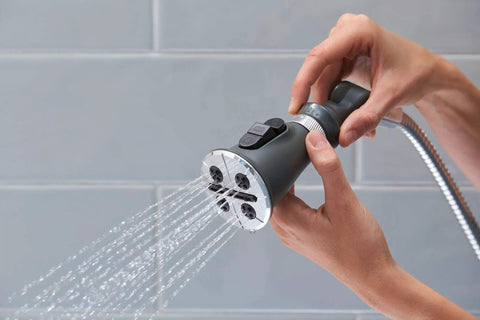 Two In One Shower Head And Wand Combo In Chrome Finish With No Tools Install In Minutes in use showing water spray adjustment