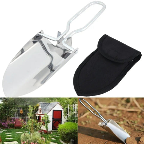 Compact Folding Camping Shovel With Durable Stainless Steel Build For Outdoor Survival Mini Shovel And Pouch In Silver