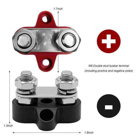 Two Pack Battery Terminal Distribution Block With M8 Dual Studs For Car Auto Boat Truck And RV Heavy Duty 12V Power Busbar Block Negative Positive Keeps Wiring Neat, 1.8in
