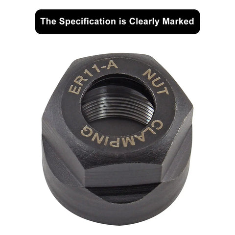Close-up of a Four Pack ER11-A Collet Nut M14 Clamping Nuts For CNC showing engraving and thread details, cast steel material.