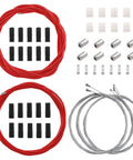 Universal Bicycle Cable And Housing Replacement Kit for Brake And Shift Cables with red housings, black end caps, O rings.