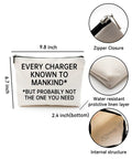 Travel Cable Organizer Pouch For Gadgets And Accessories Portable Waterproof Carry Case With Hilarious Saying Every Charger Known To Mankind But Probably Not The One You Need Perfect Gift For Gear Heads And Frequent Flyers, showcasing dimensions and features like zipper closure, water-resistant linen, and internal structure.