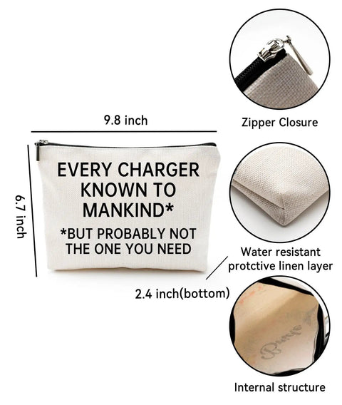 Travel Cable Organizer Pouch For Gadgets And Accessories Portable Waterproof Carry Case With Hilarious Saying Every Charger Known To Mankind But Probably Not The One You Need Perfect Gift For Gear Heads And Frequent Flyers, showcasing dimensions and features like zipper closure, water-resistant linen, and internal structure.