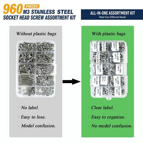 Hella Versatile M3 Screw Assortment Kit Packed With 960 Pieces Of 304 Stainless Steel Hex Socket Head Bolts And Matching Nuts Washers sized for easy organization.