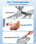 One-touch operation of Workhorse Ice Shaver Machine For Home And Commercial Use with ice placement, switch press, and handle push mechanism.