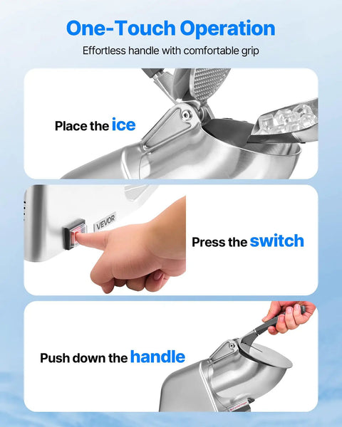 One-touch operation of Workhorse Ice Shaver Machine For Home And Commercial Use with ice placement, switch press, and handle push mechanism.