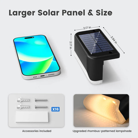 Real Deal Solar Deck Lights For Outdoor Yard And Fence Featuring Waterproof 16 Pack, showing larger solar panel size and included accessories.