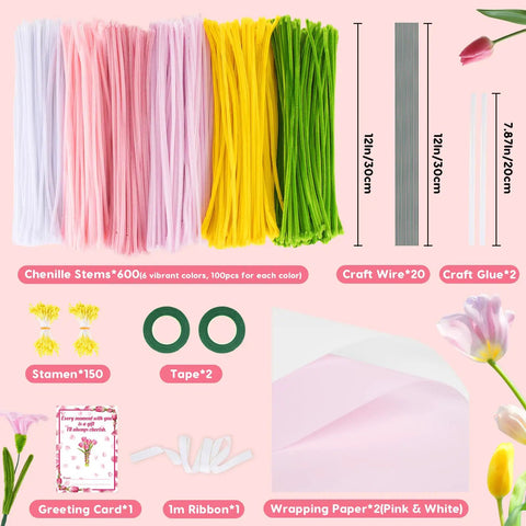Pipe Cleaners Craft Kit With 600 Pieces In 6 Vibrant Colors Chenille Stems, Floral Wires, Tape, Stamens, Paper, Ribbon