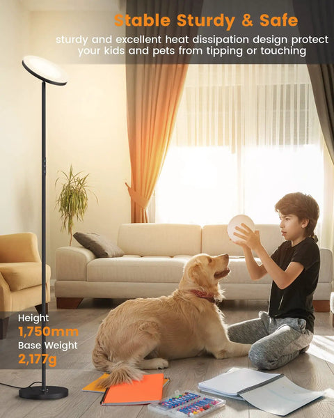 Lit 36W LED Floor Lamp With 3000LM Output, Tall Torchiere Standing Light in living room with boy and dog