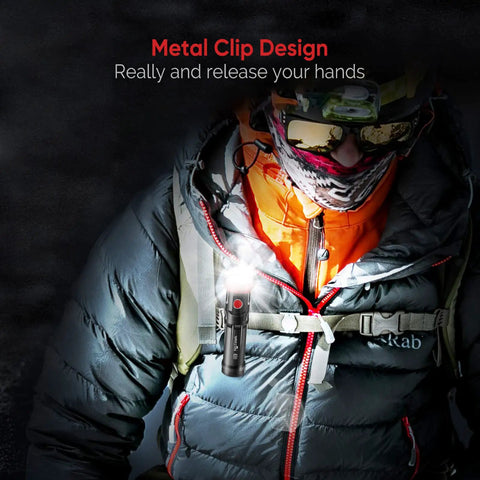 Person wearing jacket with attached Two Pack Rechargeable LED Flashlight Set With 1000 Lumen Power And 1000 Feet Beam, magnetic clip shown.