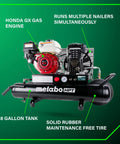 Gas Powered Wheeled Air Compressor, With 8 Gallon Tank, 116 To 145 PSI, Honda GX Engine, Cast Iron Cylinder, front view