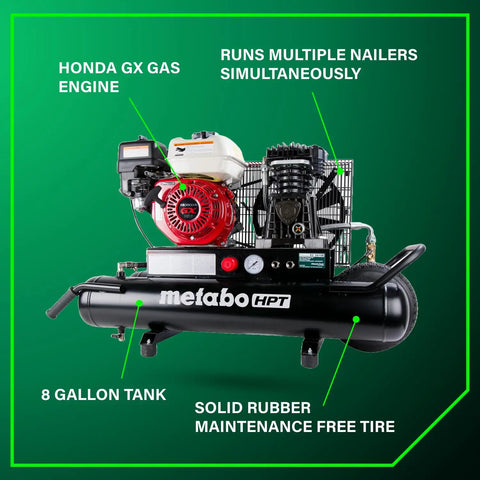 Gas Powered Wheeled Air Compressor, With 8 Gallon Tank, 116 To 145 PSI, Honda GX Engine, Cast Iron Cylinder, front view
