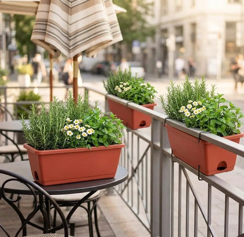 Red Window Box Planters 7 Pack Rectangular Plastic Flower Pots With Saucers For Indoor Outdoor Garden 17 Inch installed on patio