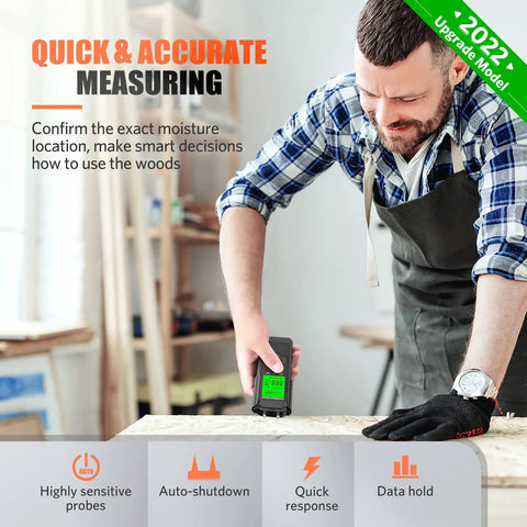 Man using Super Handy Digital Moisture Meter For Checking Lumber Firewood Drywall Walls on wood surface in workshop