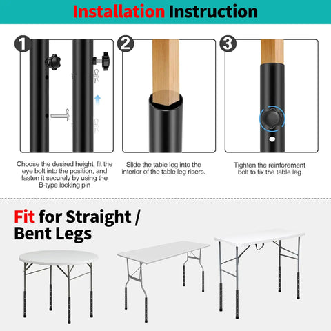 Installation steps for Heavy Duty Folding Table Risers 8 Pack Adjustable Leg Extenders for Straight And Bent Legs.