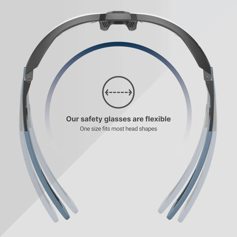 Top Shelf Safety Glasses Featuring Anti Scratch Impact Resistant Wraparound Design With Ansi Z87 Plus High Impact Rating And Crystal Clear Lenses Offering All Day Pressure Free Comfort That Hits Different, showing flexible frame design.