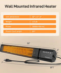 32-inch Infrared Patio Heater 1500W With Remote, 2.5 Second Instant Heat, wall-mounted, showing dimensions and power cord.