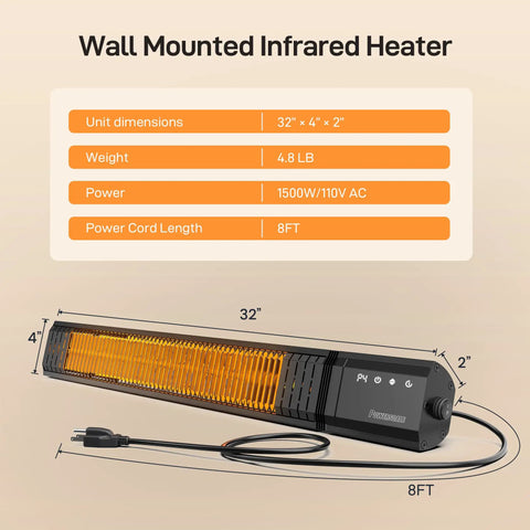 32-inch Infrared Patio Heater 1500W With Remote, 2.5 Second Instant Heat, wall-mounted, showing dimensions and power cord.