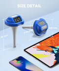 Floating Solar Pool Thermometer With Digital Readout, IPX7 Waterproof, shown with size details against a tablet and phone