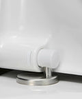 Close-up of the smooth soft close hinge on the Slick Starck 3 White Toilet Seat with stainless steel mounting.