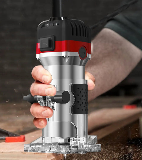 Powerful Wood Router Tool For Home Shop Pros 1.25HP Handheld Corded Palm Router in use by craftsman on wooden surface