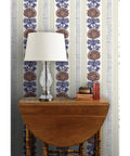 Rustic Stripes Wallpaper With Matte Linen Texture And Pvc Free Finish Heavy Duty Commercial Grade Wallcovering in blue with lamp.
