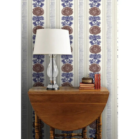 Rustic Stripes Wallpaper With Matte Linen Texture And Pvc Free Finish Heavy Duty Commercial Grade Wallcovering in blue with lamp.