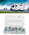 80 Pack Carbon Steel Galvanized T Nuts Pronged Tee Nut Set With Four Claws visible in open plastic container against outdoor backdrop.