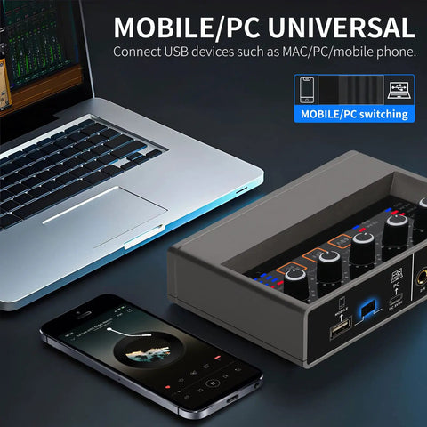 USB Audio Interface For PC With Touch Model 16 Bit 48 kHz Audio Quality DSP Effects 48V Phantom Power XLR Input connected to devices