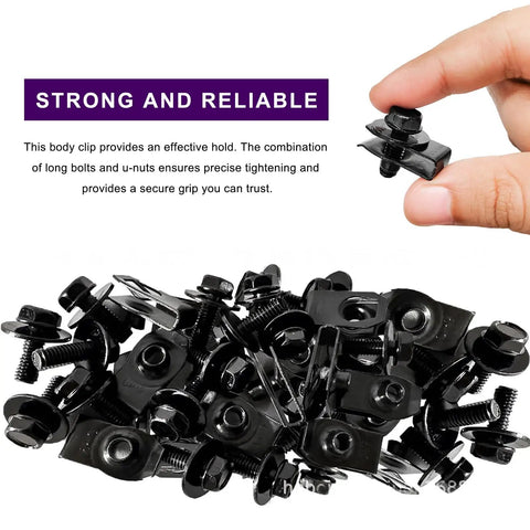 Hand holding bolt from 50 Piece M6-1.0 Body Bolts U Nuts Kit With Hex Head Screws And Extruded U Nuts Universal Push Pull Auto Body Retainers
