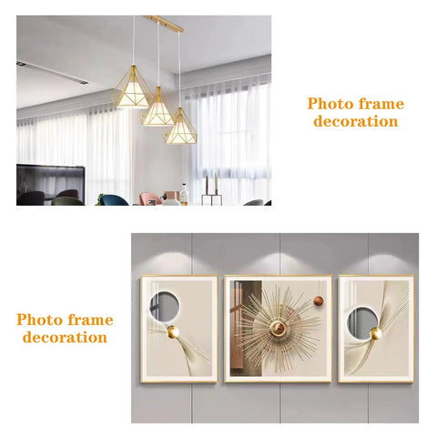 Photo frame decoration with geometric gold lighting and modern artwork in a bright interior setting.