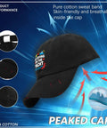 Adjustable Mens Hat With Front Artwork Ventilated Mesh Crown Breathable Cap For All Day Comfort Sweat Wicking Performance Ideal For Outdoor Activities And Summer Beachwear, side view of black cap with vibrant design.