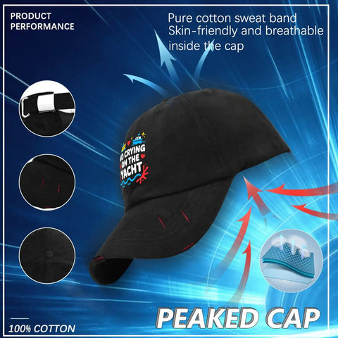 Adjustable Mens Hat With Front Artwork Ventilated Mesh Crown Breathable Cap For All Day Comfort Sweat Wicking Performance Ideal For Outdoor Activities And Summer Beachwear, side view of black cap with vibrant design.