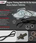 Timing Belt Kit With Water Pump Drop-In Ready Direct Fit For Honda Accord Crosstour Pilot Odyssey Ridgeline Acura MDX RDX RL TL TSX ZDX Saturn Vue 3.0L 3.2L 3.5L 3.7L Replaces 19200-RDV-J01 components displayed on a surface.