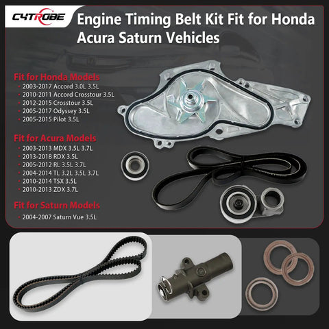 Timing Belt Kit With Water Pump Drop-In Ready Direct Fit For Honda Accord Crosstour Pilot Odyssey Ridgeline Acura MDX RDX RL TL TSX ZDX Saturn Vue 3.0L 3.2L 3.5L 3.7L Replaces 19200-RDV-J01 components displayed on a surface.