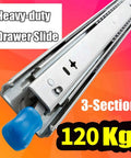 Beefy Heavy Duty Drawer Slides With Lock, Full Extension Ball Bearing Rails, showing close-up on metal rails and lock mechanism.