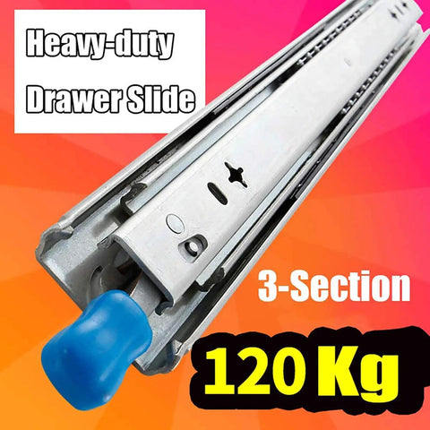 Beefy Heavy Duty Drawer Slides With Lock, Full Extension Ball Bearing Rails, showing close-up on metal rails and lock mechanism.